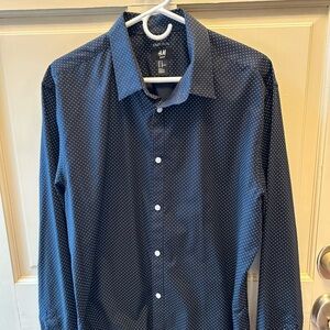 H&M Navy Button-Up Shirt with White Microdots